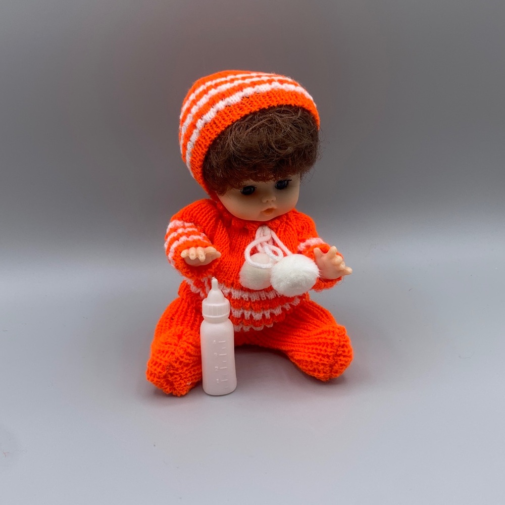Vintage Plastic Baby Dolly Orange White Knitted Shirt & Pants Beanie Bottle